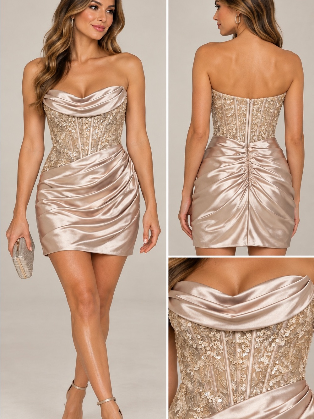 Strapless Satin & Sequin Mini Dress in Champagne